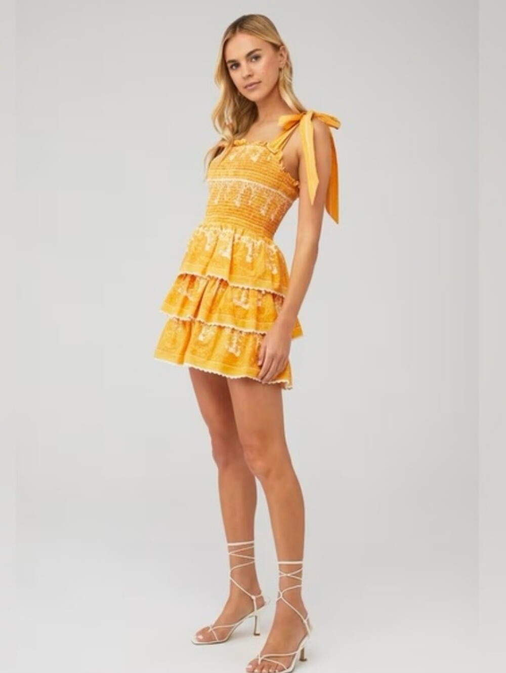 NEW Cleobella Eliana Yellow Tiered Mini Dress Bow Straps Sz M MSRP $218